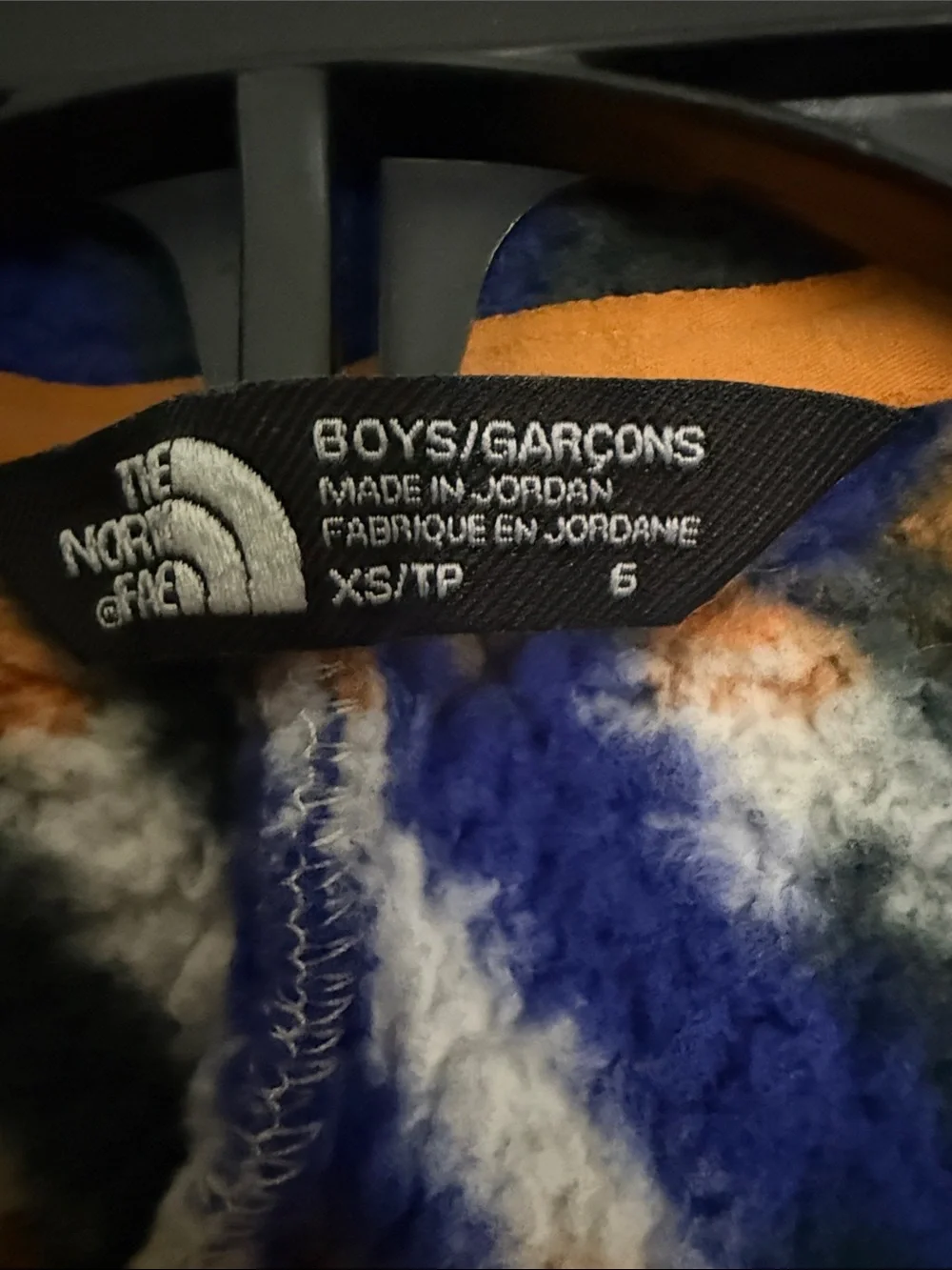 The North Face Blue, Orange, White Patterned Fleece Jacket